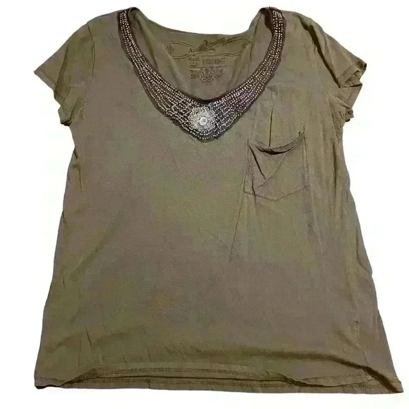 Awake Couture Green Beaded Embellished Blouse Top Size Large Short Sleeve Pocket - Picture 1 of 7